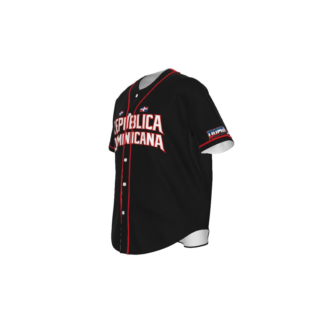 Jersey de béisbol República Dominicana negro con letras frontales estilo deportivo