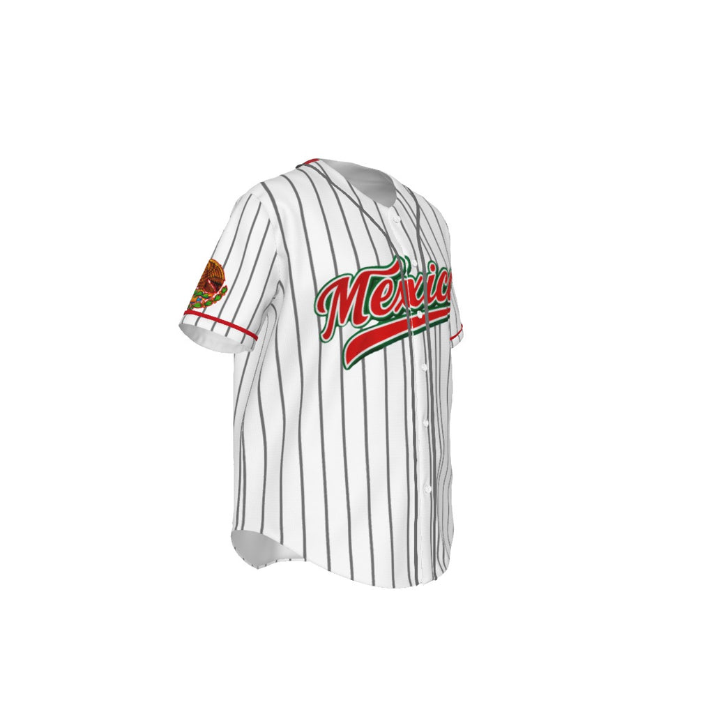 Jersey de béisbol México estilo pinstripe blanco con diseño Mexico en rojo y verde