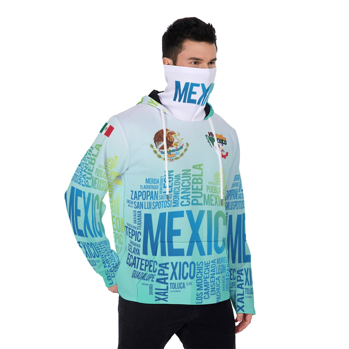 Sudadera con Capucha México Ciudades y Lugares Hoodie – Tipografía Urbana con Máscara Integrada