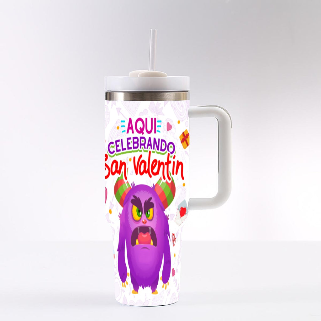 Taza y Tumbler San Valentin “Aquí Celebrando San Valentín”  Edición Divertida