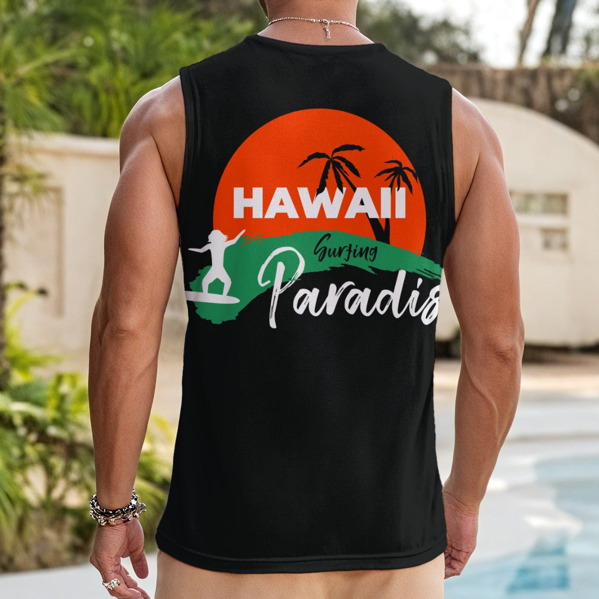 Camiseta sin mangas Hawaii Paradise con palmeras y atardecer tropical