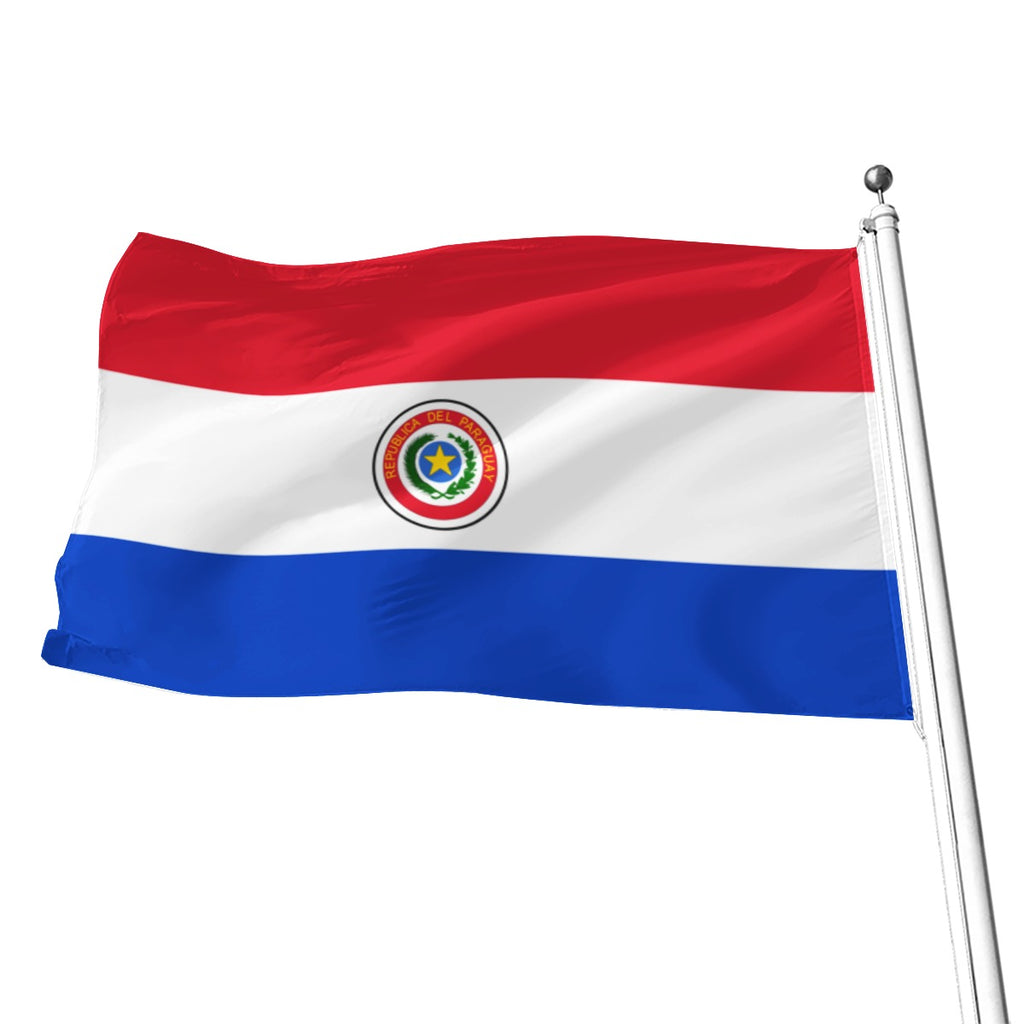Bandera de Paraguay decorativa de poliéster rojo, blanco y azul con escudo central