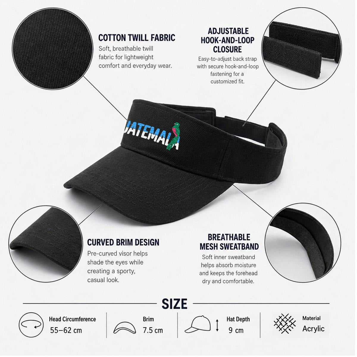 Visera Deportiva de Guatemala Bordada Premium Estilo Ajustable para Sol