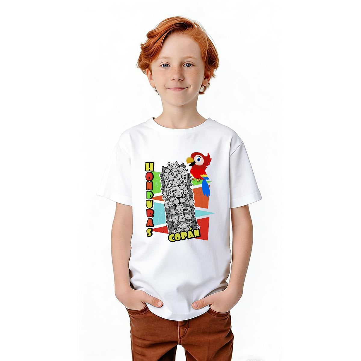 Camiseta Infantil Honduras Copán Guacamaya – Playera Kids Ruinas Mayas Orgullo Hondureño Gildan 5000