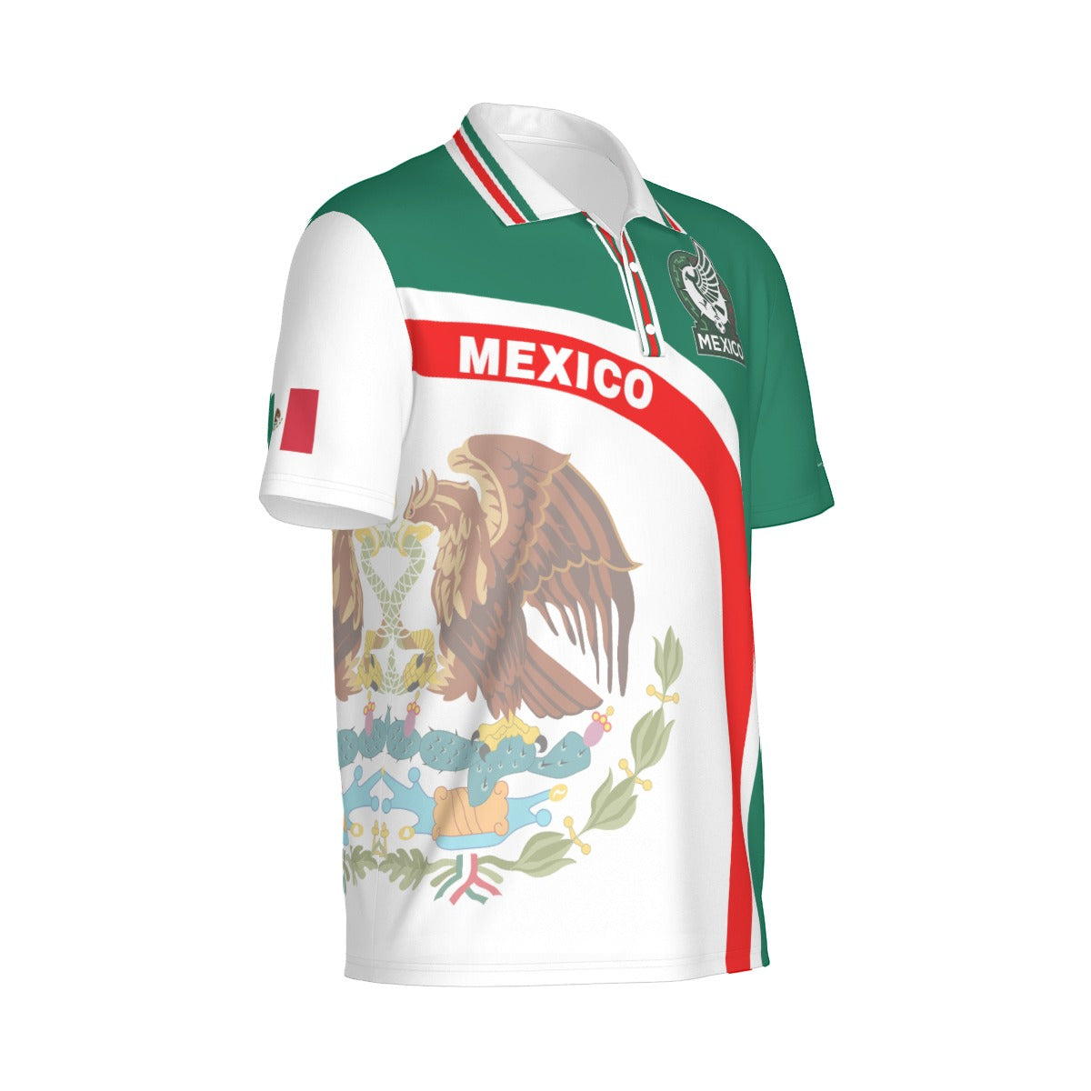 Camisa Polo México Franja Roja Escudo Nacional Tricolor Hombre