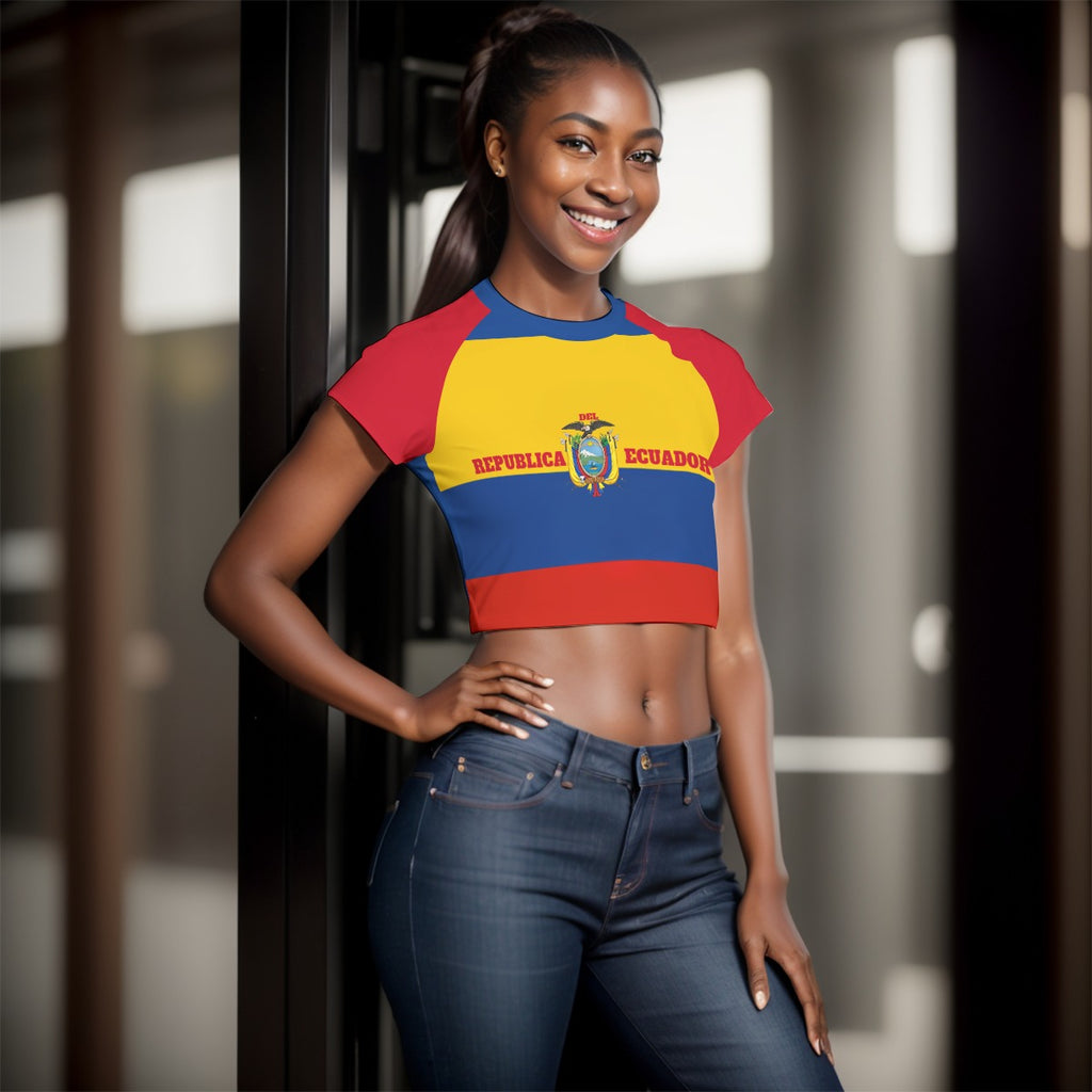 Top Cropped Deportivo Ecuador Mujer – con Mangas Raglán