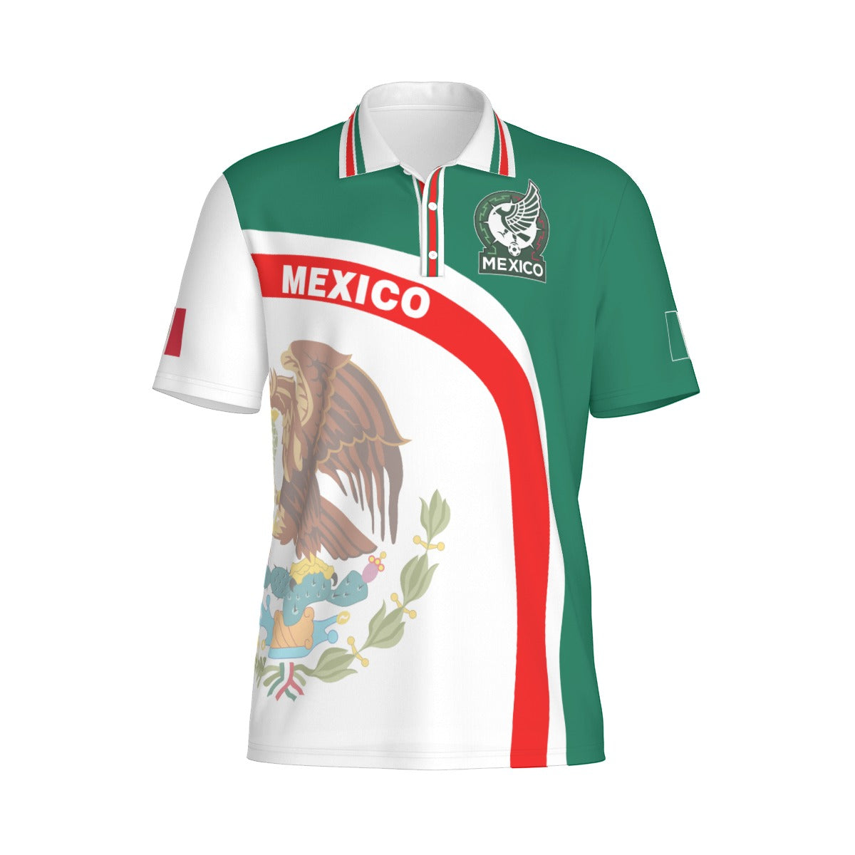 Camisa Polo México Franja Roja Escudo Nacional Tricolor Hombre