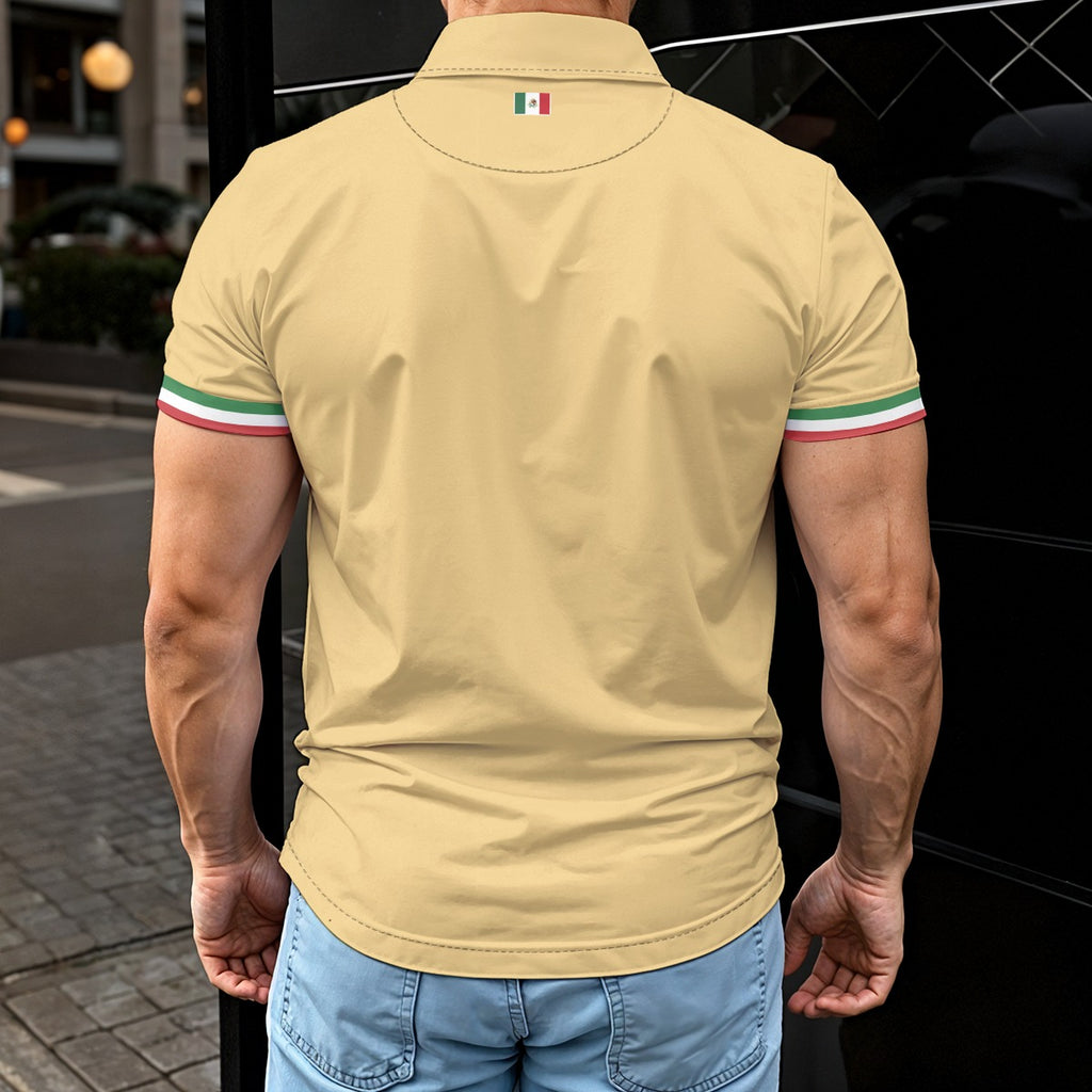Polo México beige con mapa del país y diseño vertical moderno estilo deportivo
