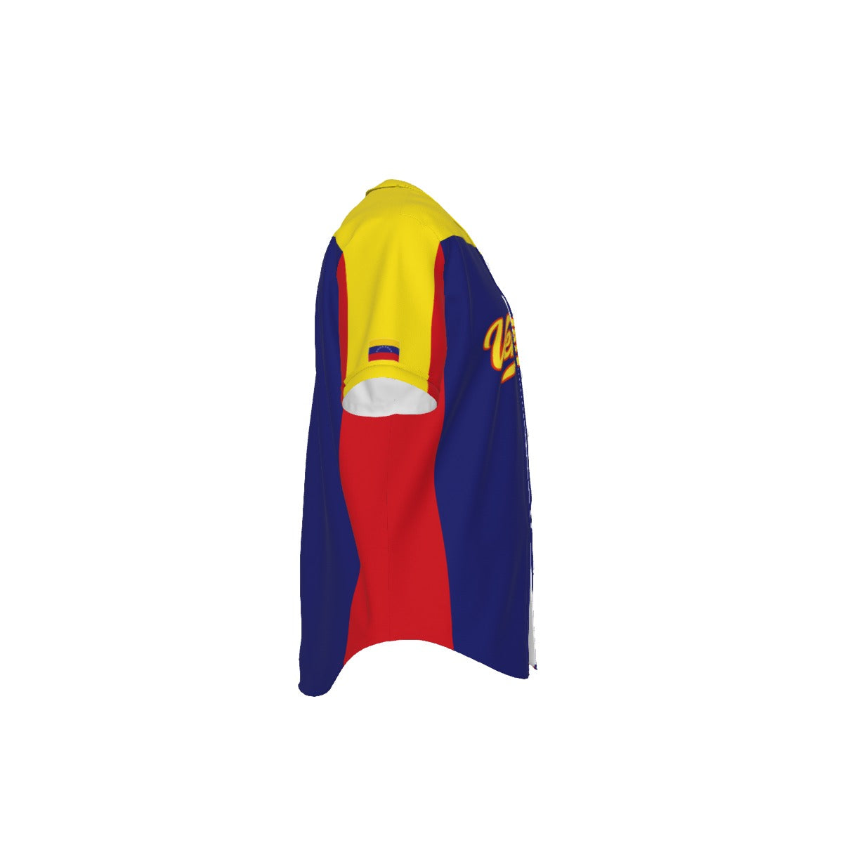 Jersey de béisbol Venezuela tricolor azul, amarillo y rojo con diseño Venezuela frontal