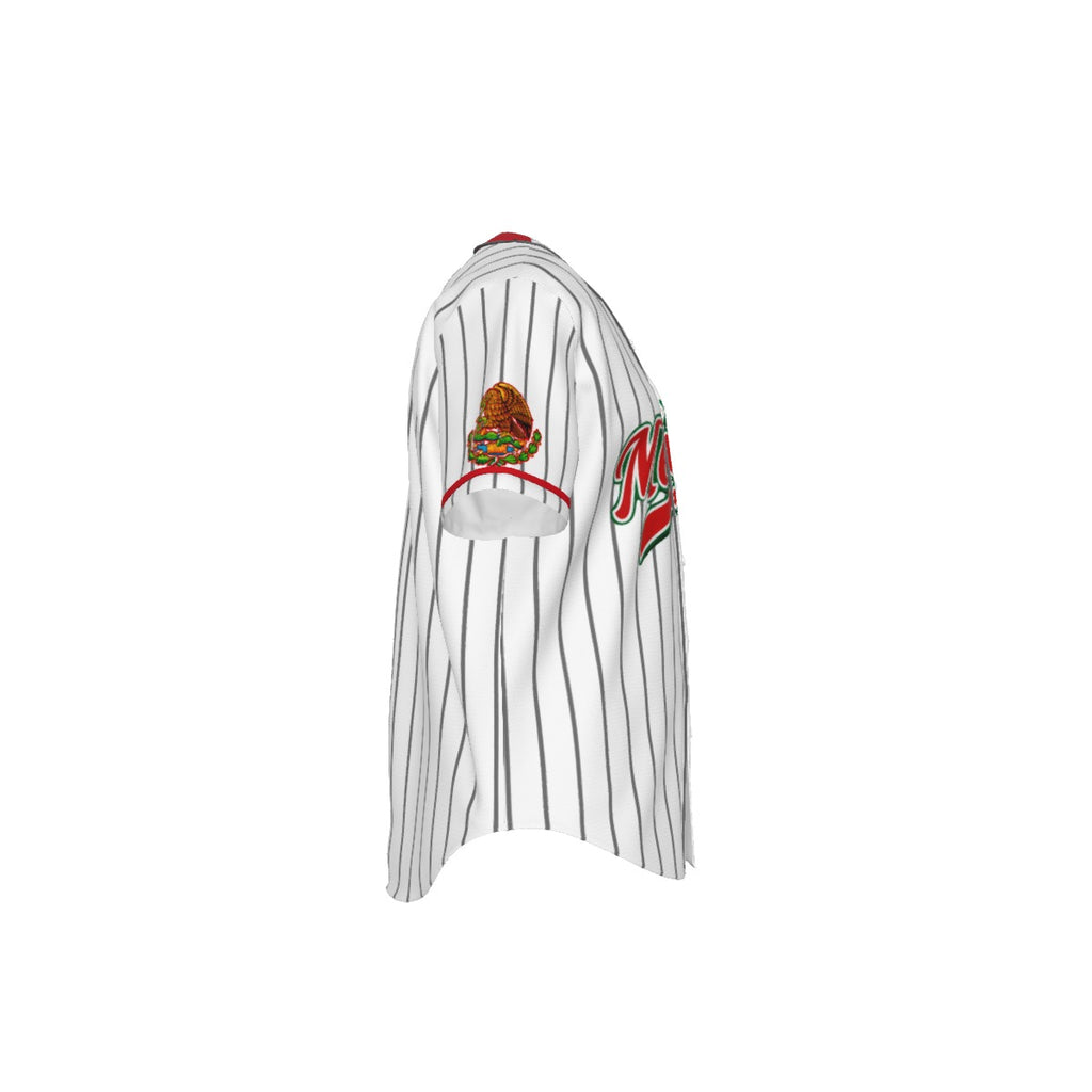 Jersey de béisbol México estilo pinstripe blanco con diseño Mexico en rojo y verde