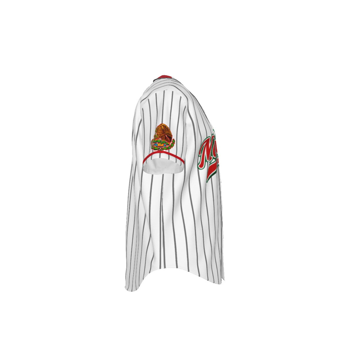 Jersey de béisbol México estilo pinstripe blanco con diseño Mexico en rojo y verde