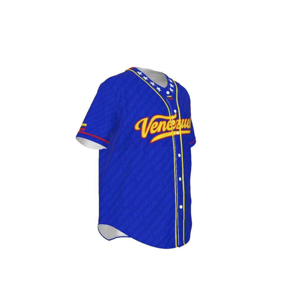 Jersey de béisbol Venezuela azul estilo clásico con botones y detalles amarillo y rojo