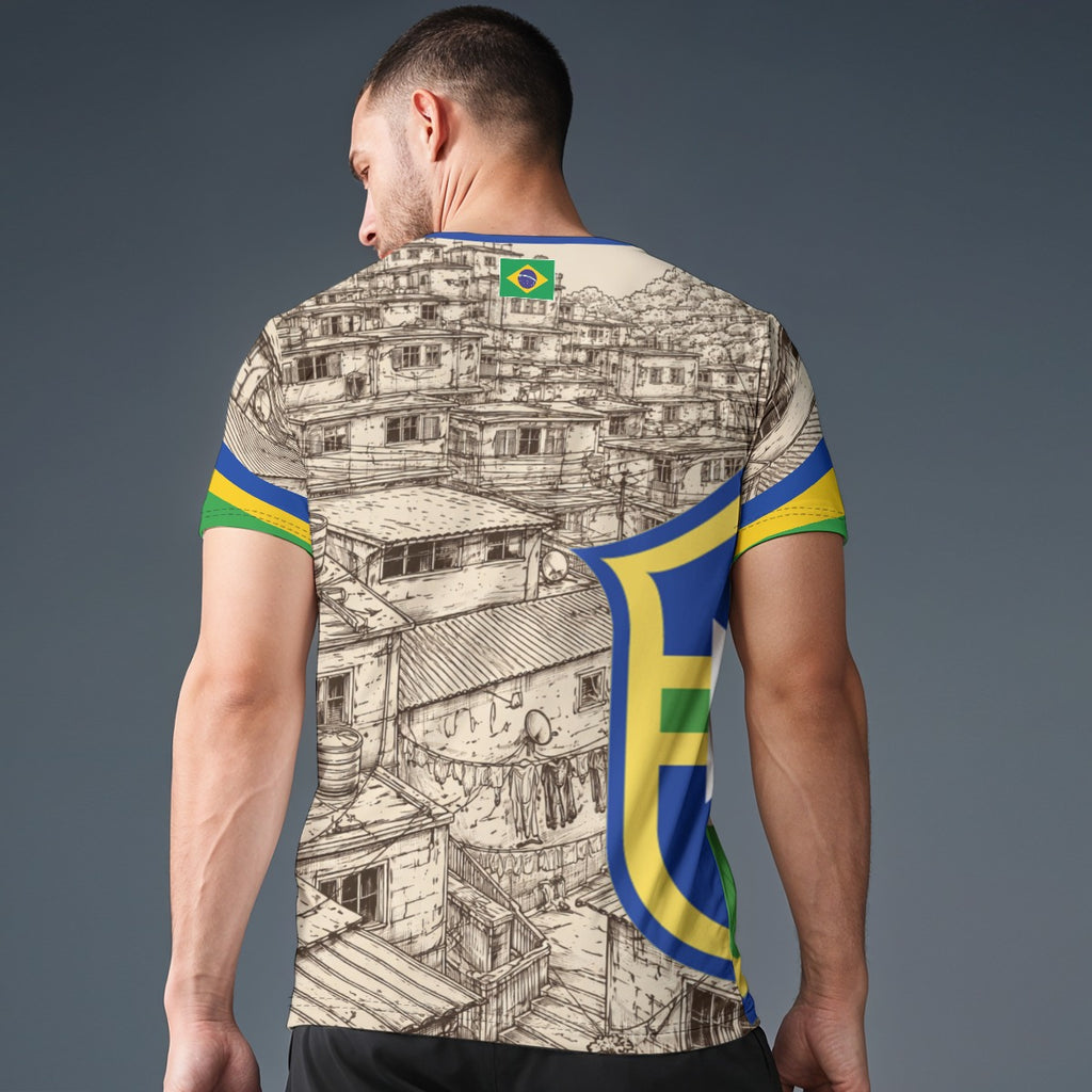 Camiseta Brasil Favelas estilo fútbol con escudo y detalles verde amarillo