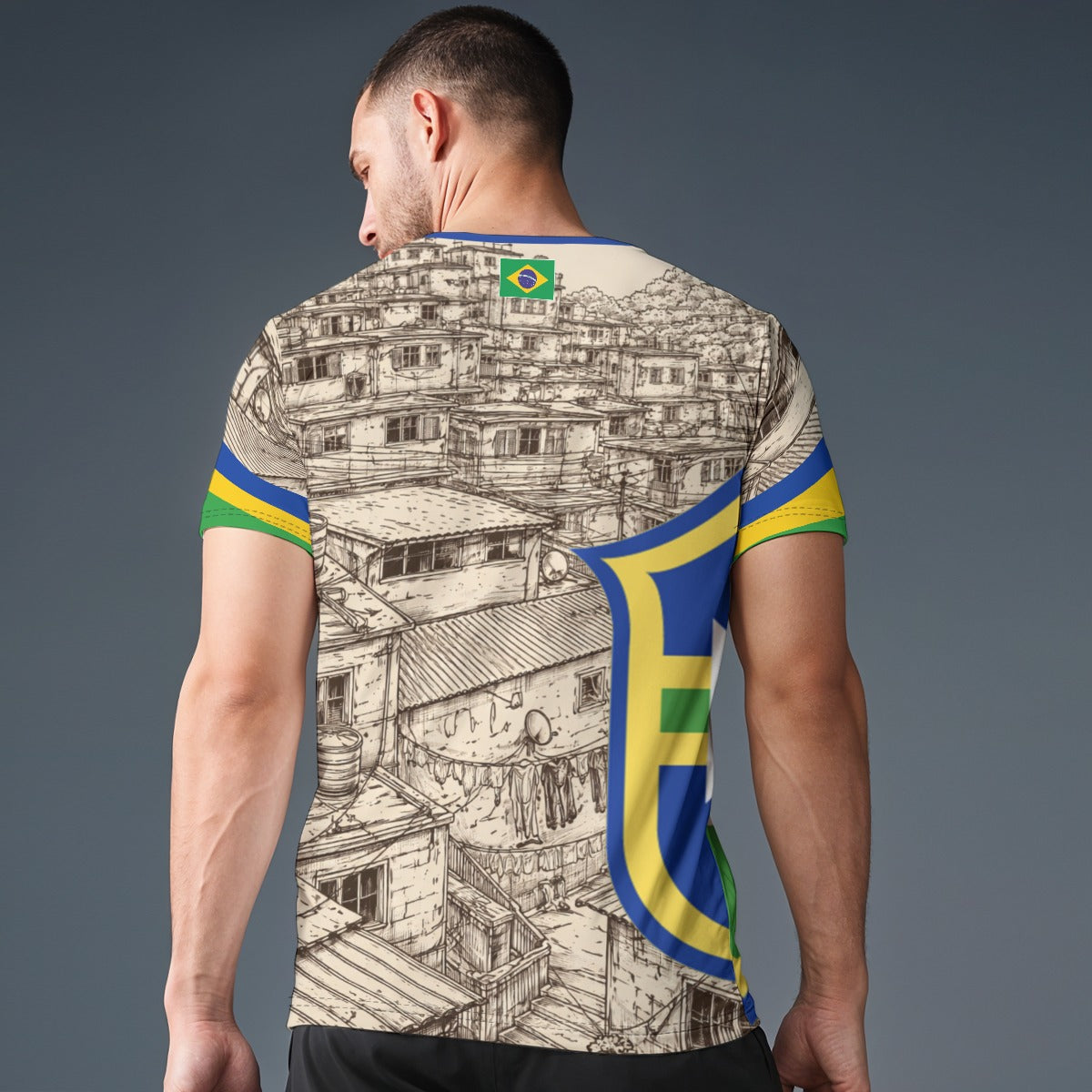Camiseta Brasil Favelas estilo fútbol con escudo y detalles verde amarillo