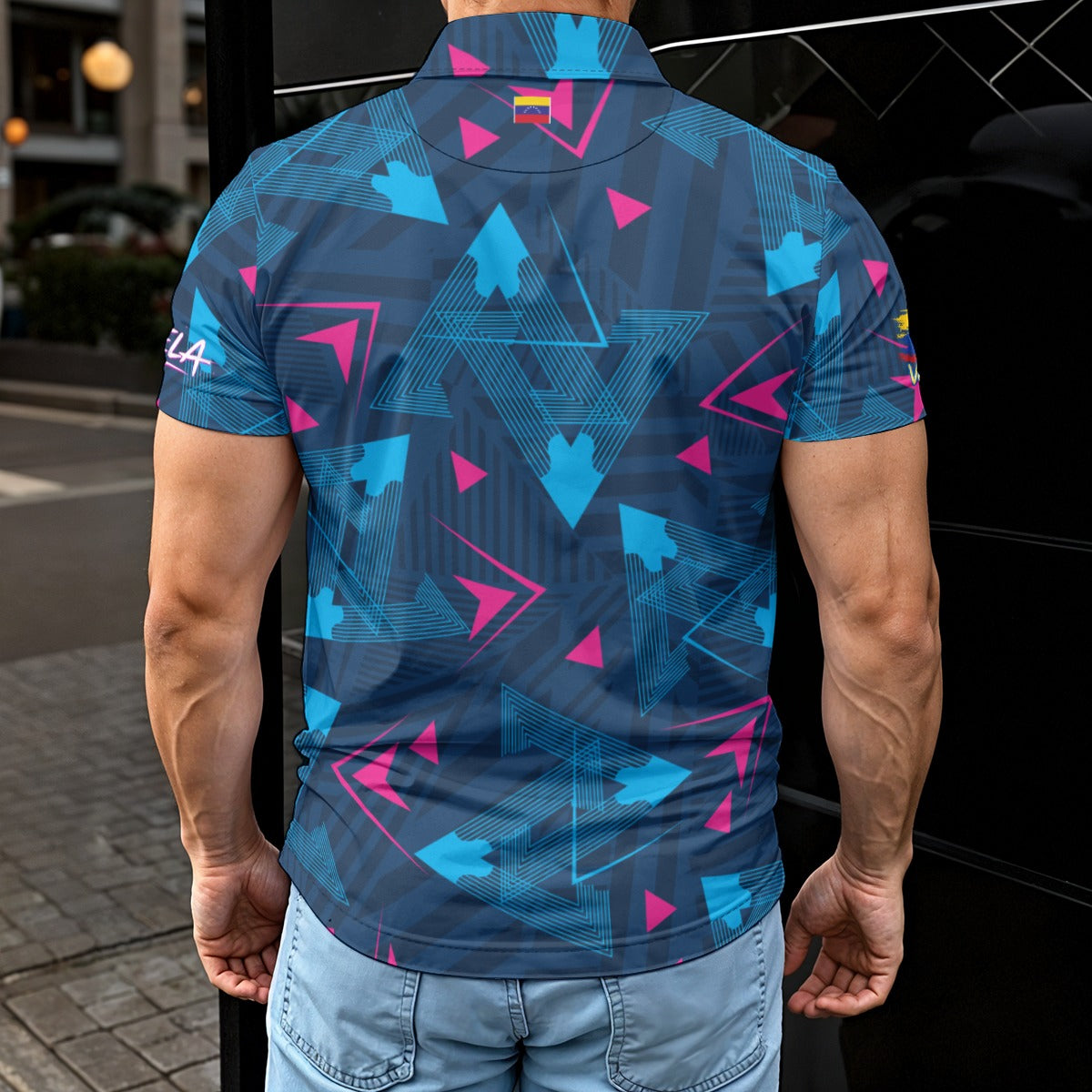 Título Polo Venezuela estilo geométrico moderno | Camisa deportiva premium azul con diseño exclusivo