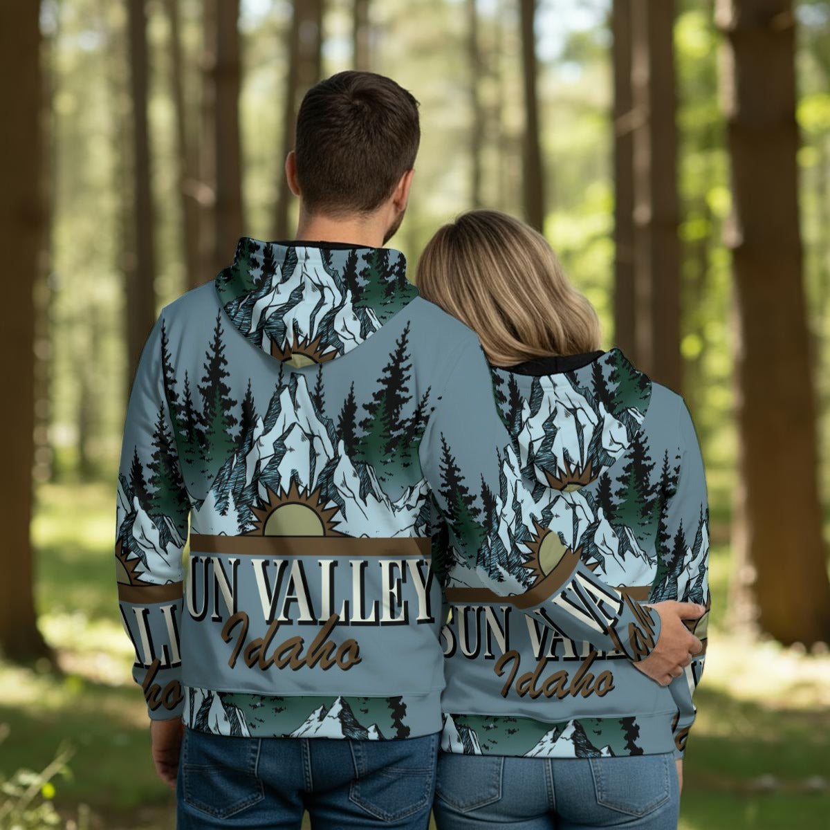 Sudadera Sun Valley Idaho con montañas, bosque y amanecer