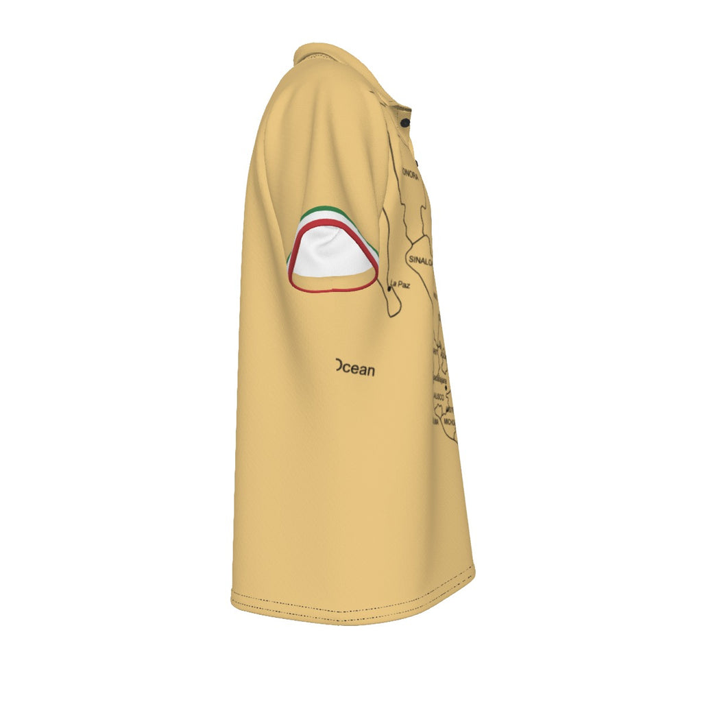 Polo México beige con mapa del país y diseño vertical moderno estilo deportivo