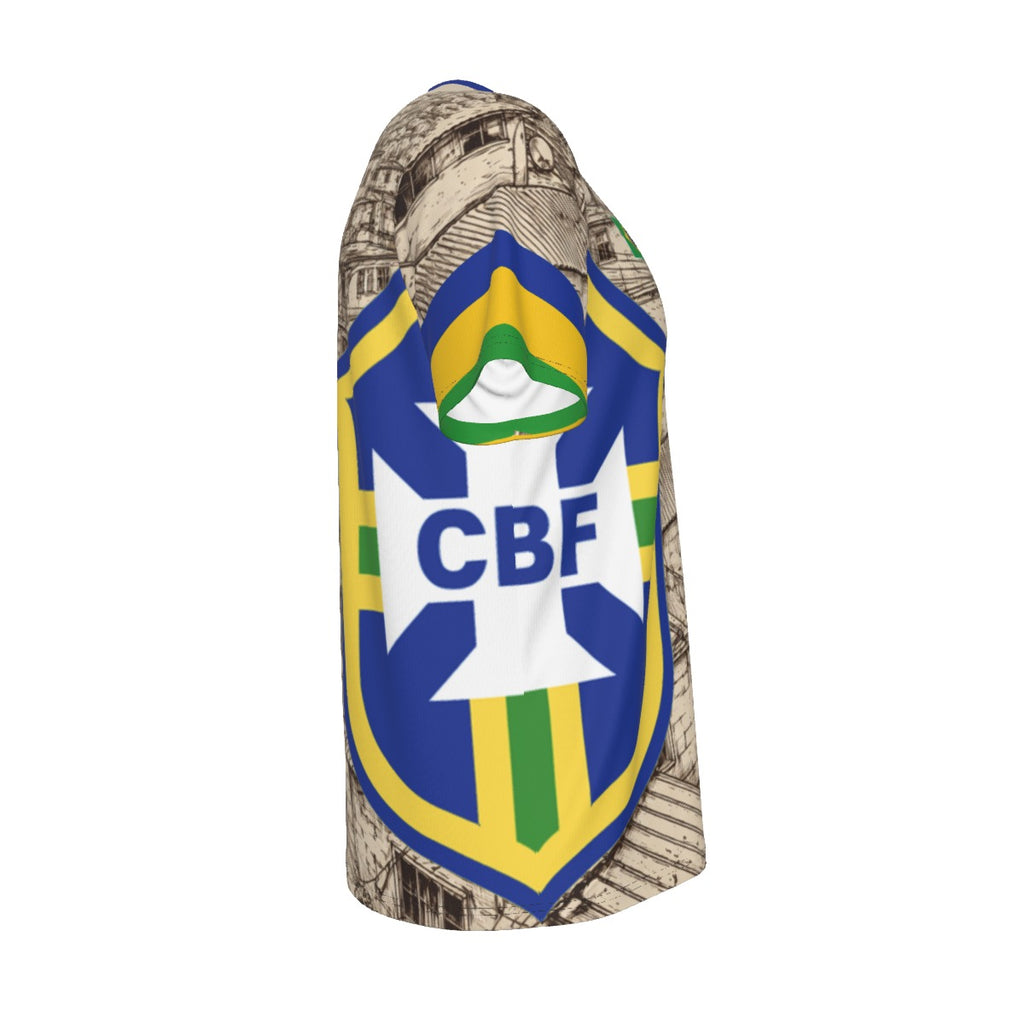 Camiseta Brasil Favelas estilo fútbol con escudo y detalles verde amarillo