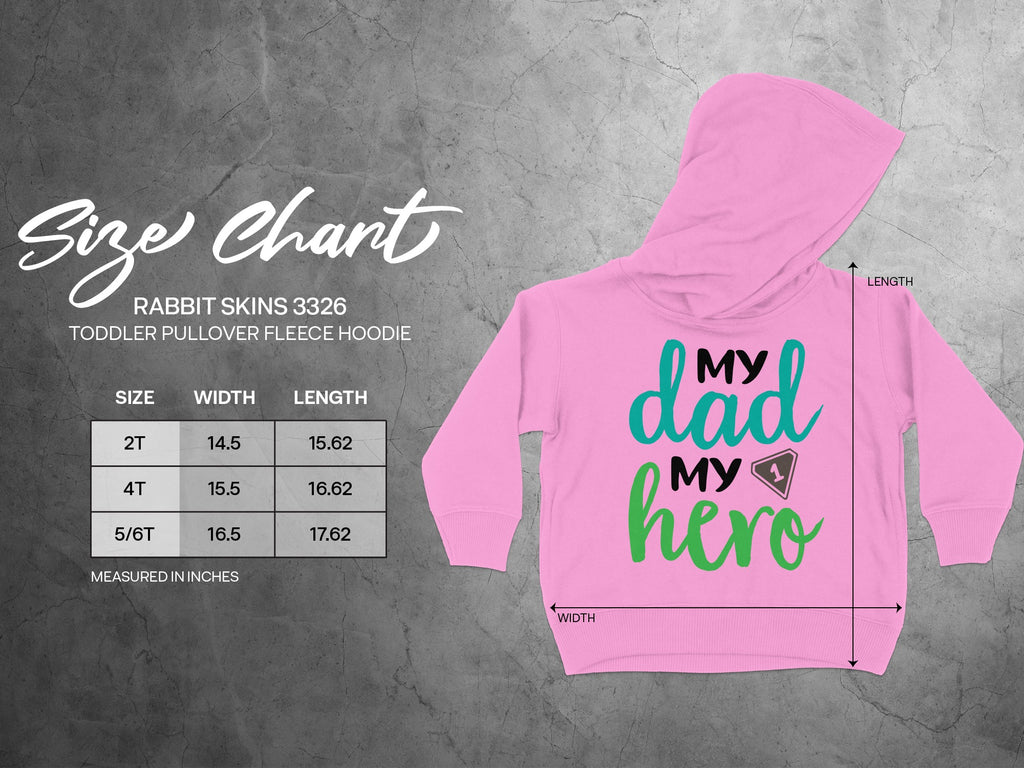 A size chart and measurements table for the Rabbit Skins 3326 toddler pullover fleece hoodie.