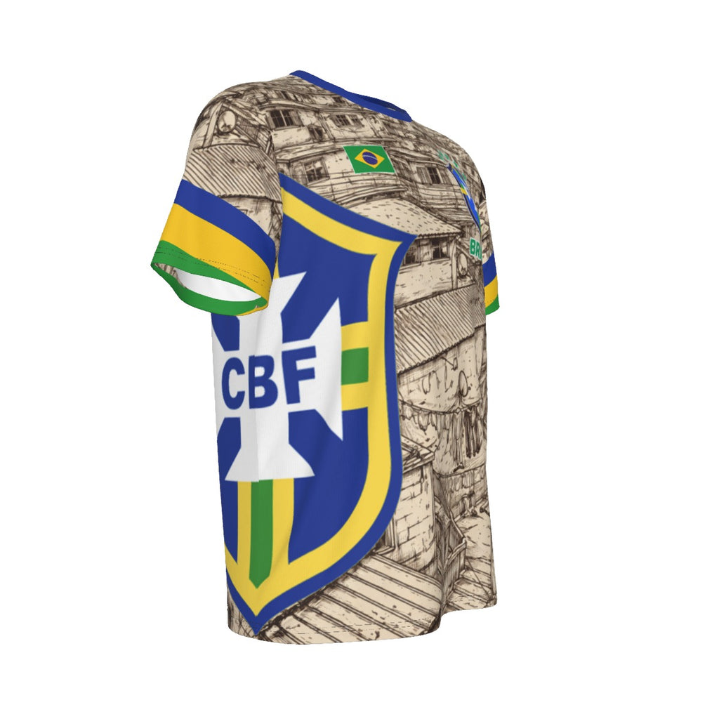 Camiseta Brasil Favelas estilo fútbol con escudo y detalles verde amarillo