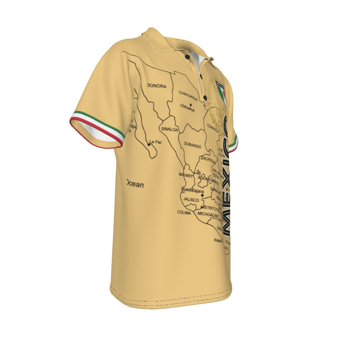 Polo México beige con mapa del país y diseño vertical moderno estilo deportivo
