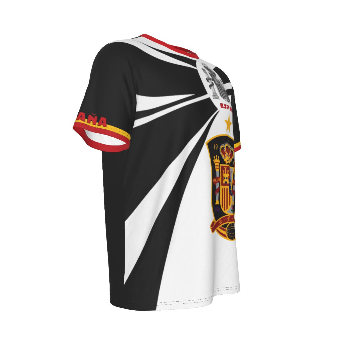Camiseta España  BlanquiNegra con escudo y texto Spain en diseño deportivo