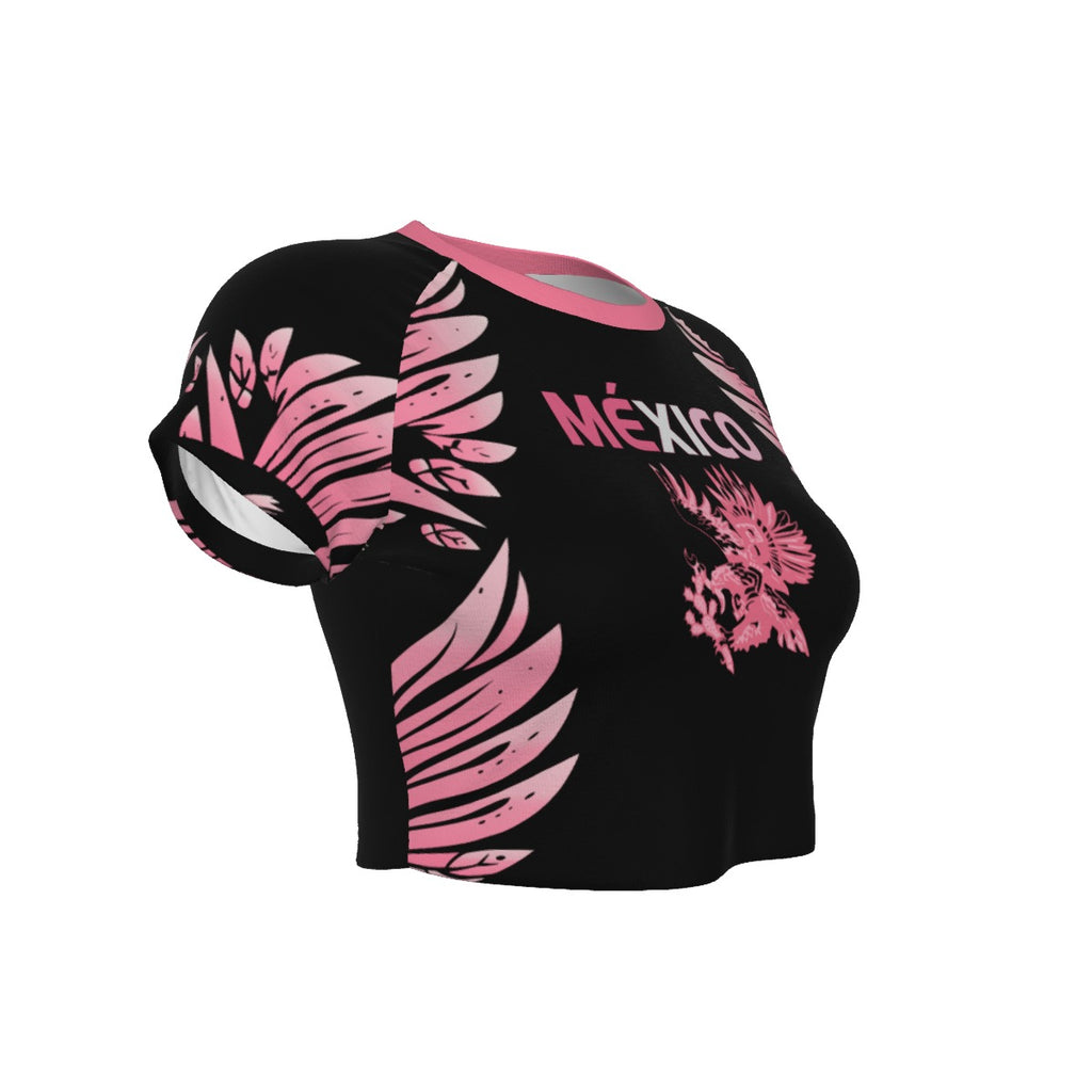 Crop Top de México Deportiva Premium con Mangas Ranglán y Alas Rosas