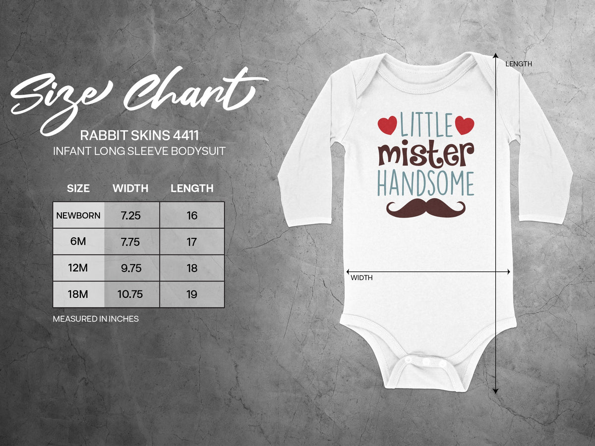 Rabbit Skins 4411 infant long sleeve bodysuit in white, featuring a size chart and measurement guide.
