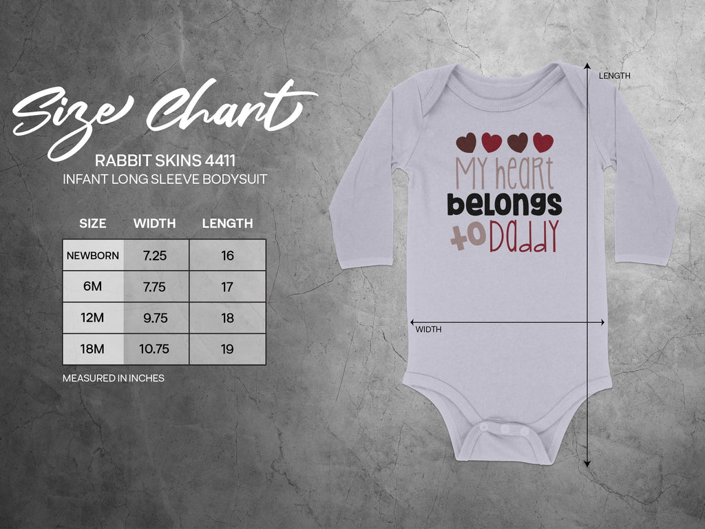 Rabbit Skins 4411 infant long sleeve bodysuit with size chart and measurements displayed in inches.