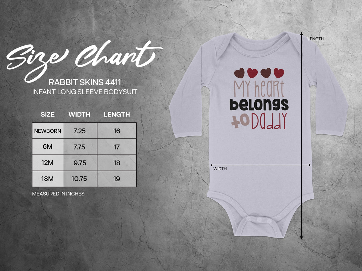 Rabbit Skins 4411 infant long sleeve bodysuit with size chart and measurements displayed in inches.
