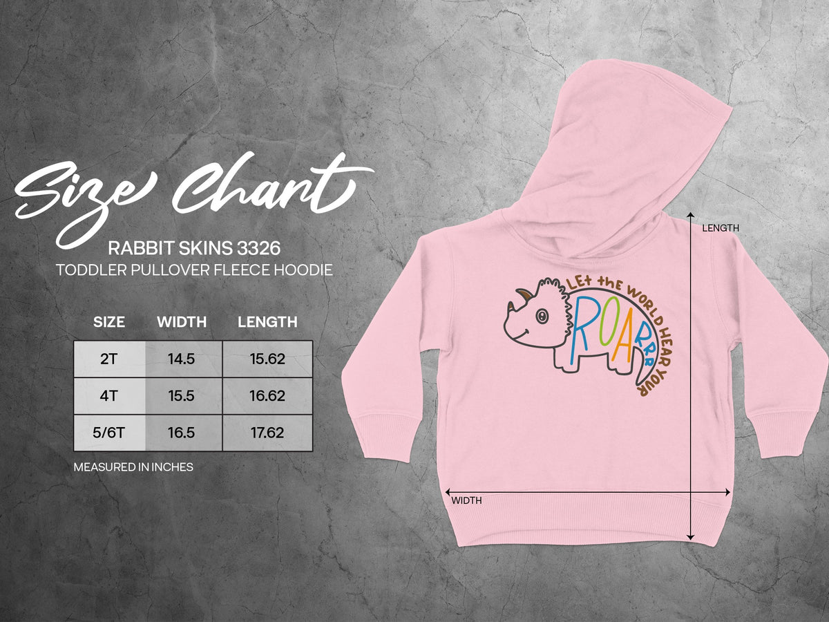 Pink toddler pullover hoodie with a triceratops graphic next to a size chart table.