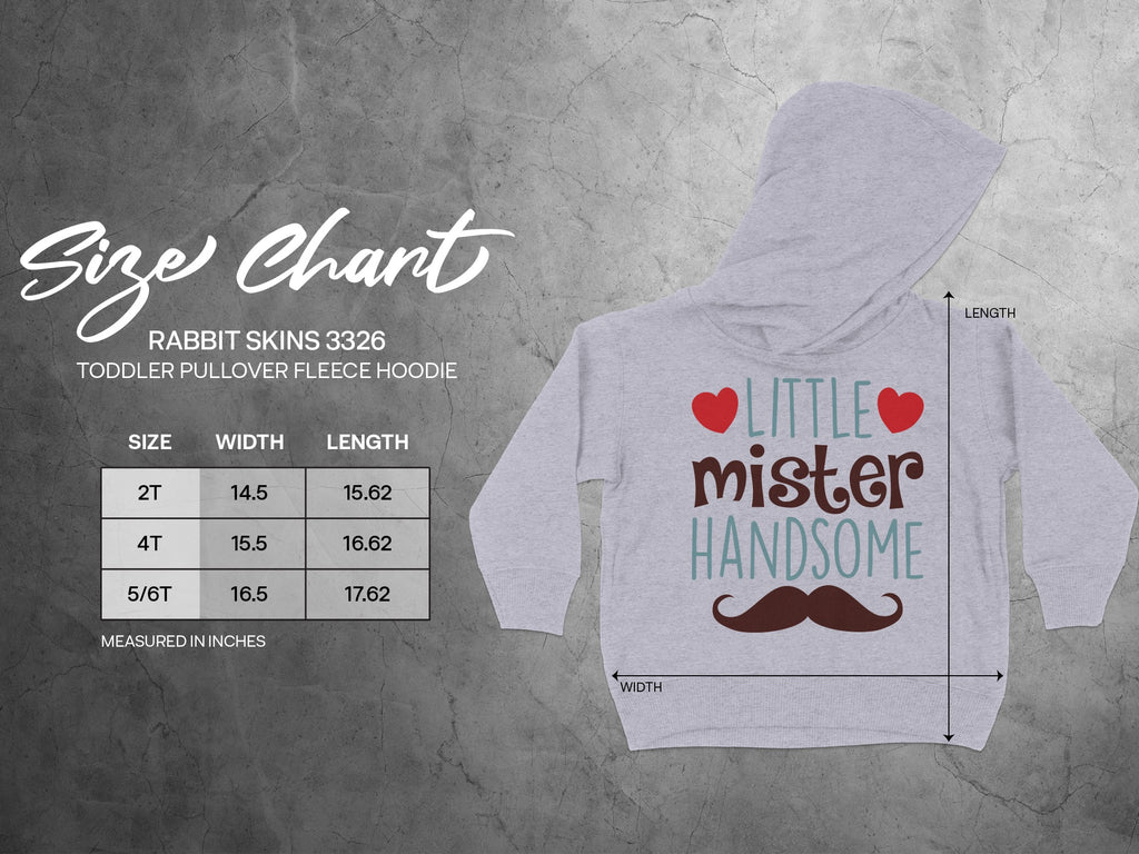 Size chart for Rabbit Skins 3326 toddler pullover fleece hoodie, with width and length dimensions for sizes 2T to 5/6T.
