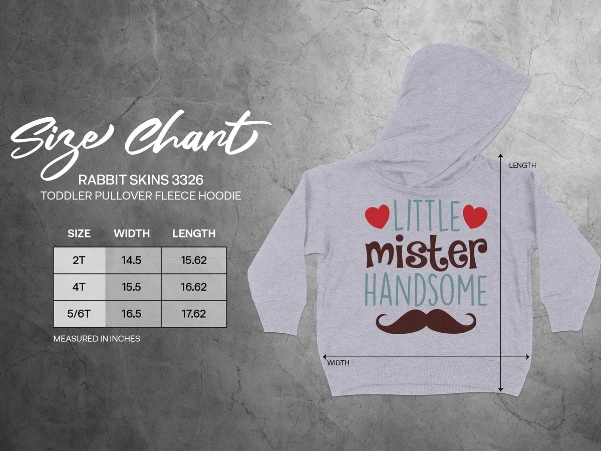Size chart for Rabbit Skins 3326 toddler pullover fleece hoodie, with width and length dimensions for sizes 2T to 5/6T.