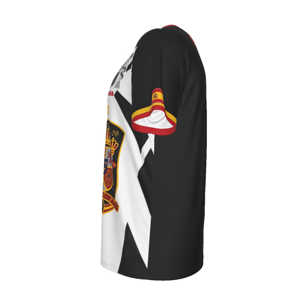 Camiseta España  BlanquiNegra con escudo y texto Spain en diseño deportivo