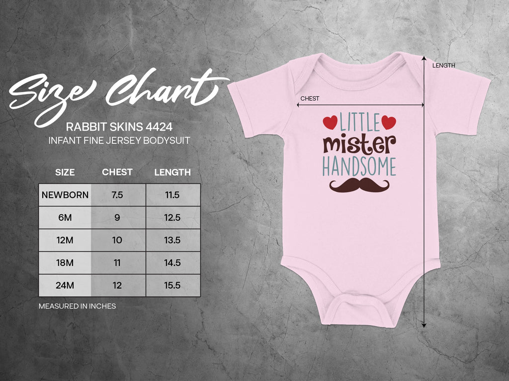 A size chart for Rabbit Skins 4424 infant fine jersey bodysuit next to a pink onesie with a mustache design.