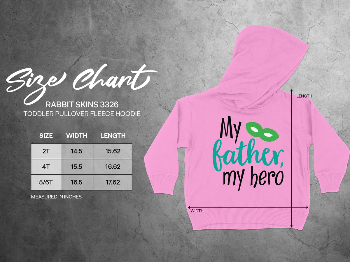 Size chart and dimensions table for a pink toddler pullover fleece hoodie with a graphic.