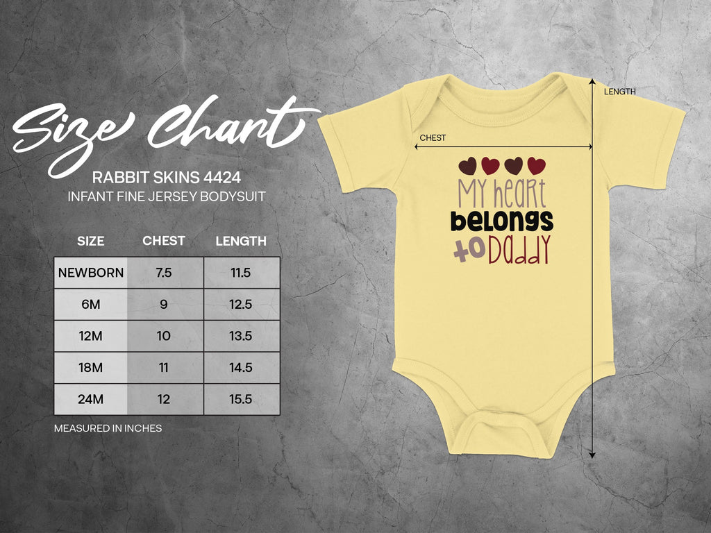 A yellow baby bodysuit featuring a size chart on the left with chest and length measurements in inches.
