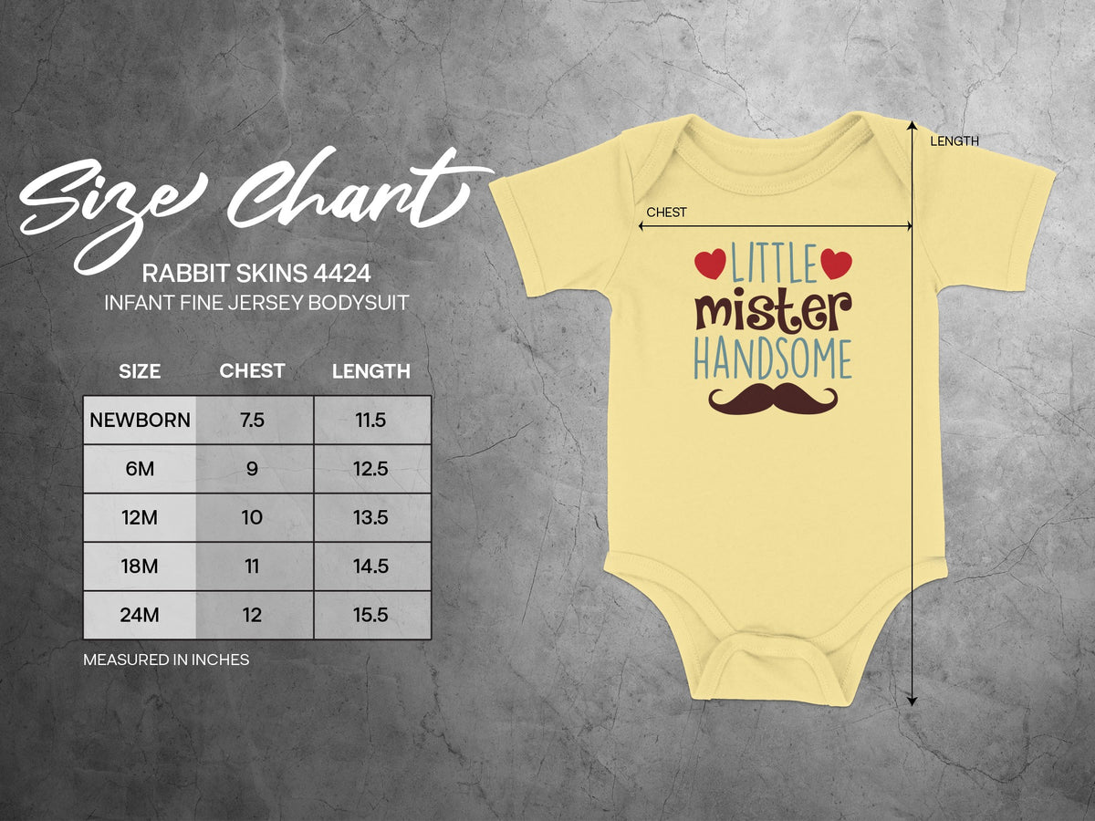 Yellow infant bodysuit with a mustache design next to a sizing chart and measurement guide.