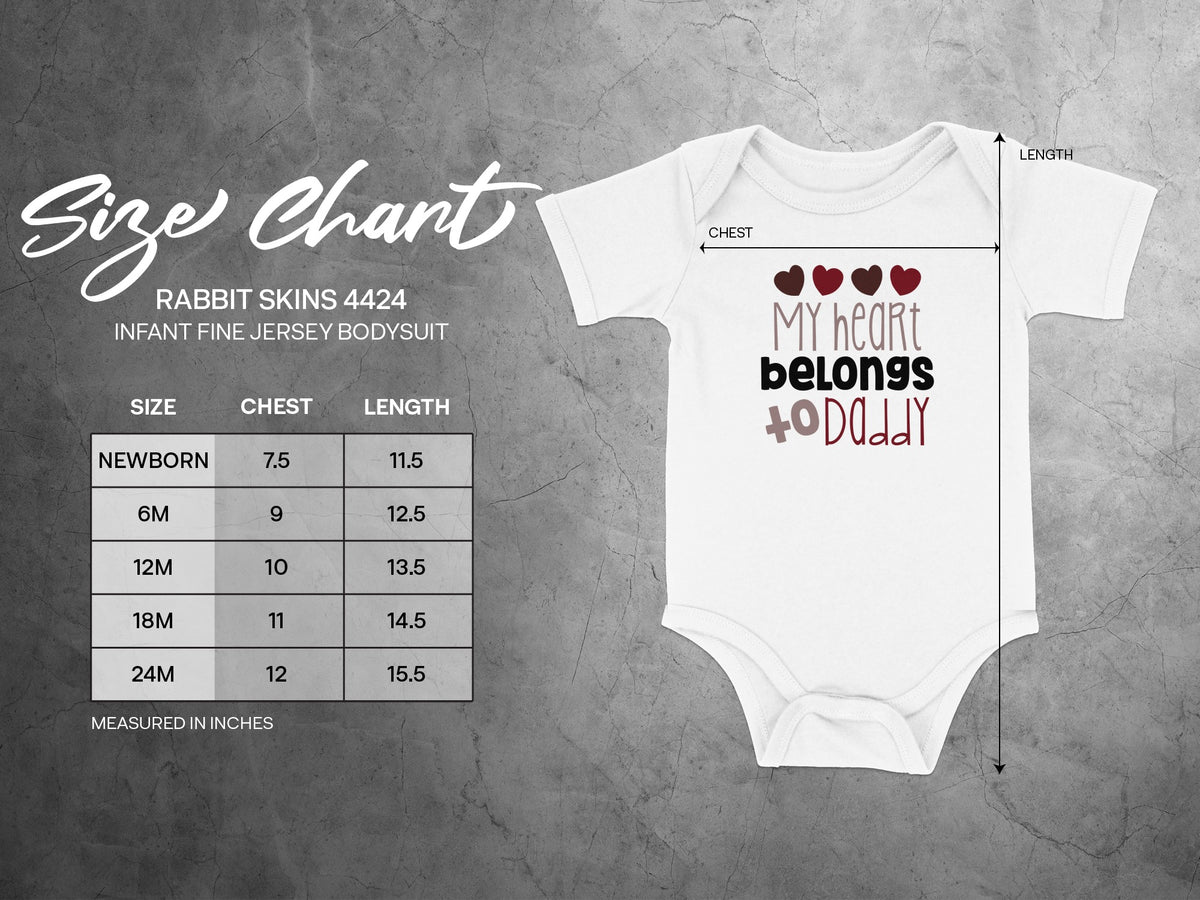 Size chart and measurement guide for Rabbit Skins 4424 infant fine jersey bodysuit with chest and length dimensions.