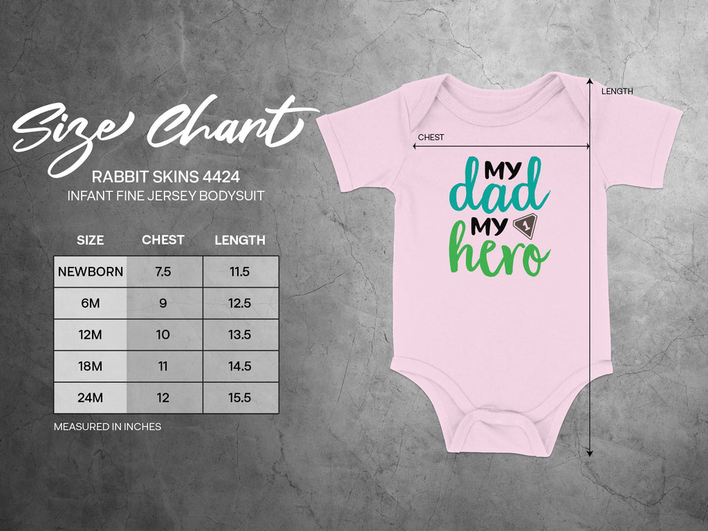Rabbit Skins 4424 infant bodysuit size chart with measurements for chest and length from newborn to 24 months.