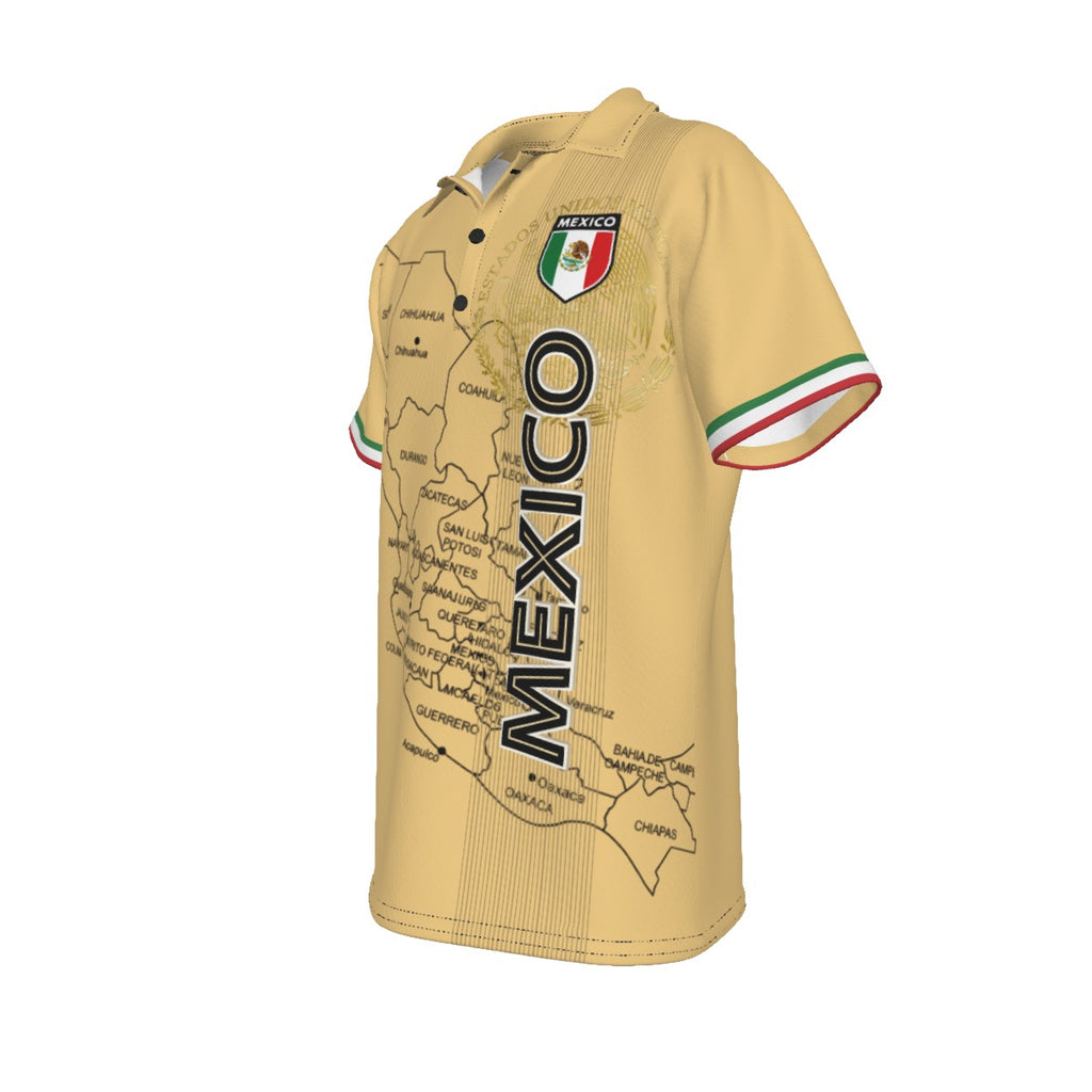 Polo México beige con mapa del país y diseño vertical moderno estilo deportivo