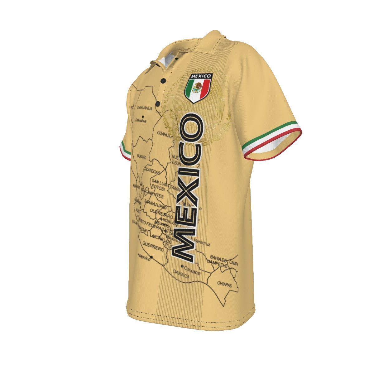 Polo México beige con mapa del país y diseño vertical moderno estilo deportivo