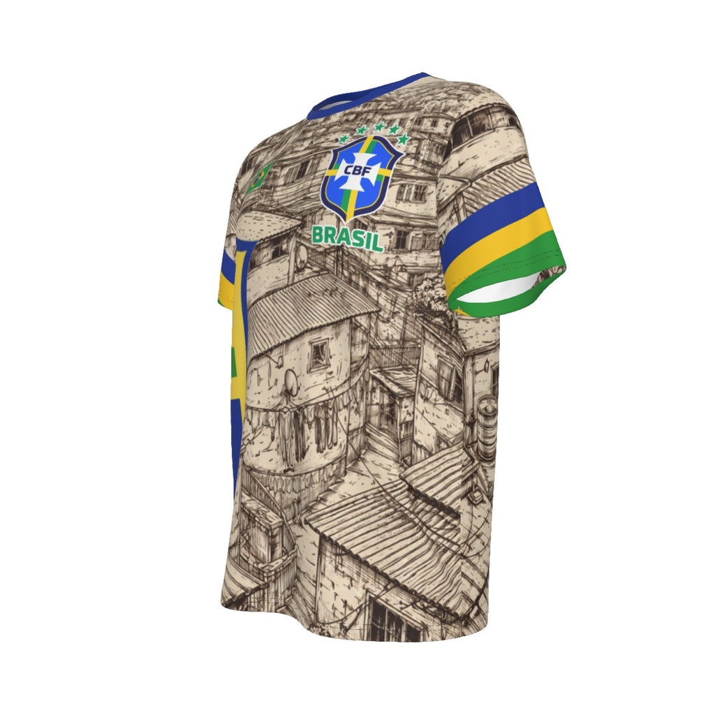 Camiseta Brasil Favelas estilo fútbol con escudo y detalles verde amarillo