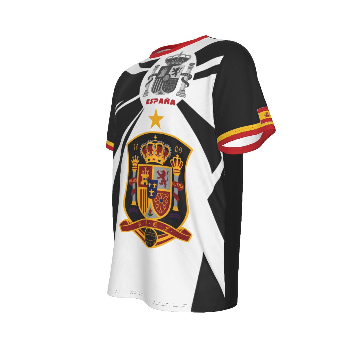 Camiseta España  BlanquiNegra con escudo y texto Spain en diseño deportivo