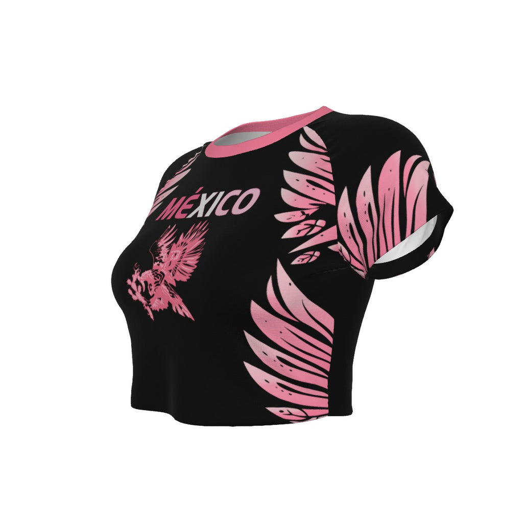Crop Top de México Deportiva Premium con Mangas Ranglán y Alas Rosas