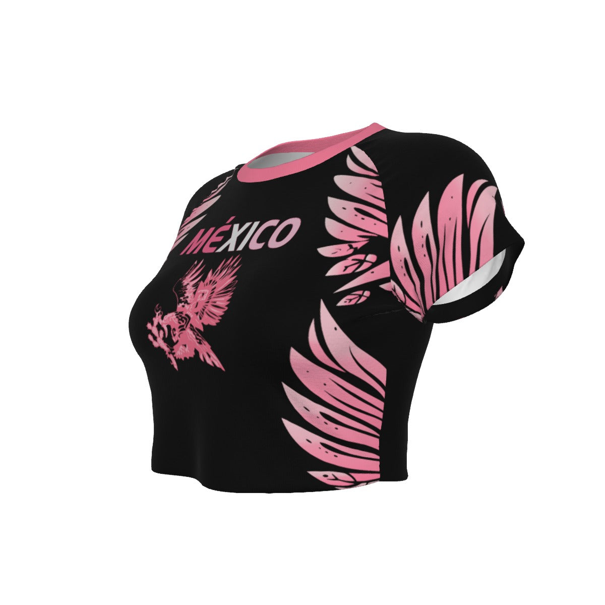 Crop Top de México Deportiva Premium con Mangas Ranglán y Alas Rosas