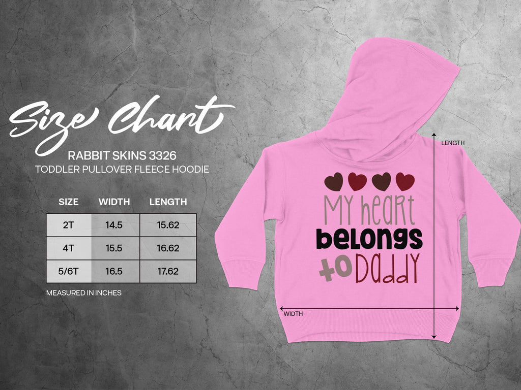 Rabbit Skins 3326 toddler pink pullover fleece hoodie featuring a size chart and width and length measurements.