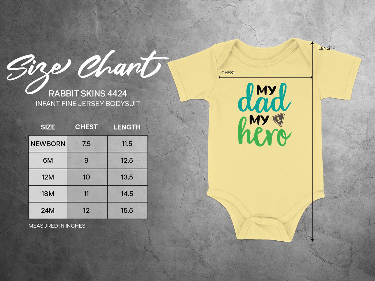 Rabbit Skins 4424 infant fine jersey bodysuit size chart and measurement guide displaying chest and length dimensions.