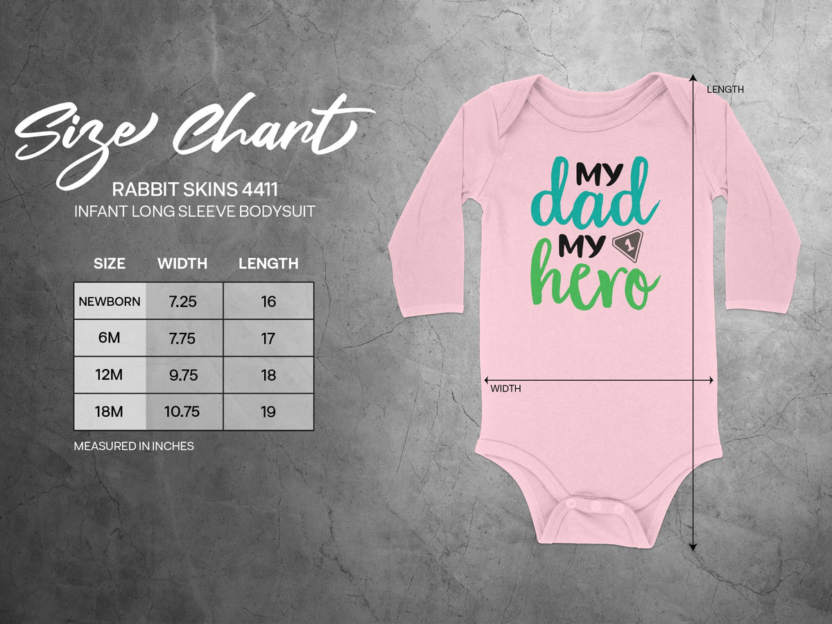 Pink infant long sleeve bodysuit with size chart and measurements displayed on a grey background.