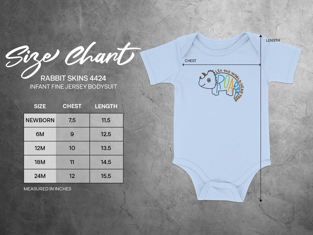 Size chart and measurement guide for Rabbit Skins 4424 infant fine jersey bodysuit with dimensions in inches.